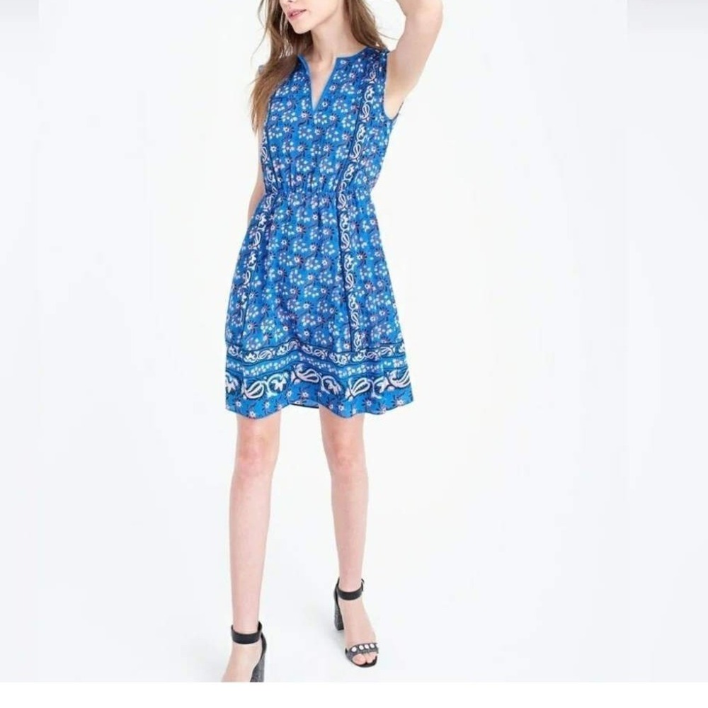 J Crew Dress size 8 Vintage Scarf Blue 100% Silk Floral Paisley Sleeveless Mini